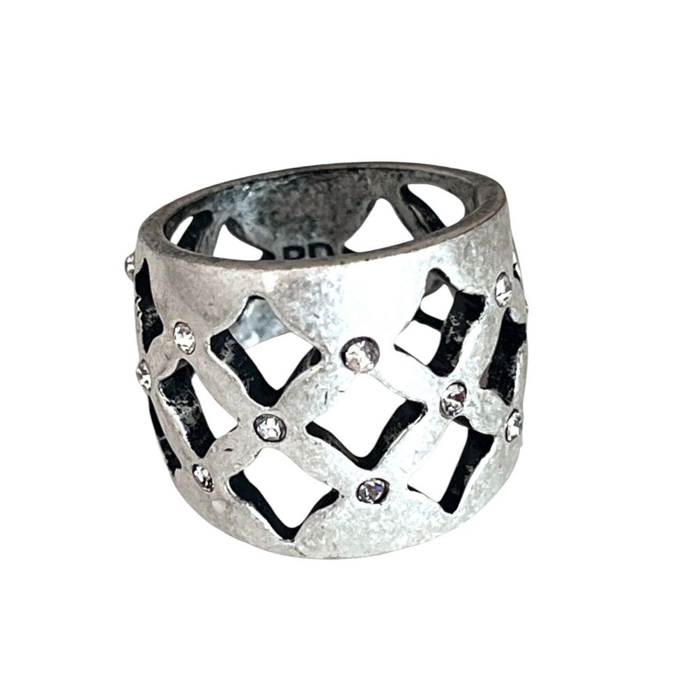 New Premier Designs Wide Band Ring Size 8 Openwork Crystal Silver Tone - 2N